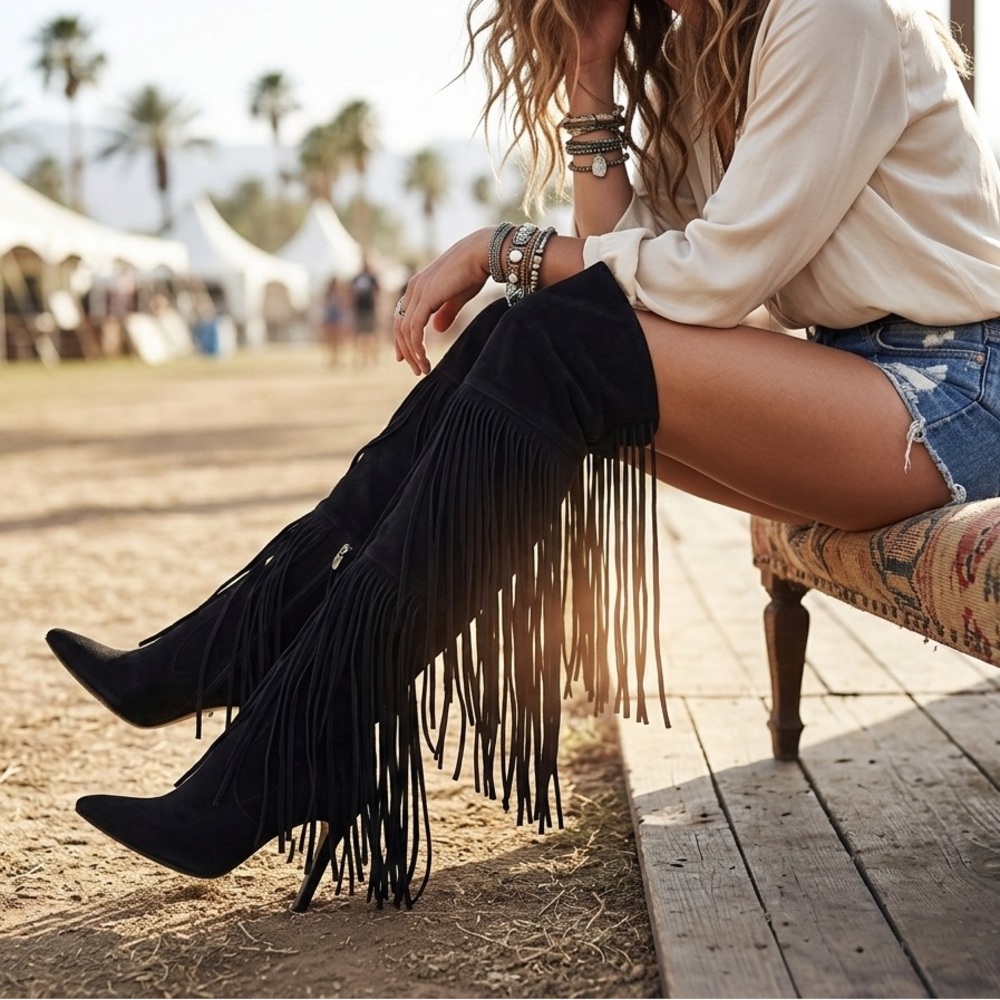 SCHUTZ Black Suede Fringe Over-The-Knee Boots - Size 8.5B